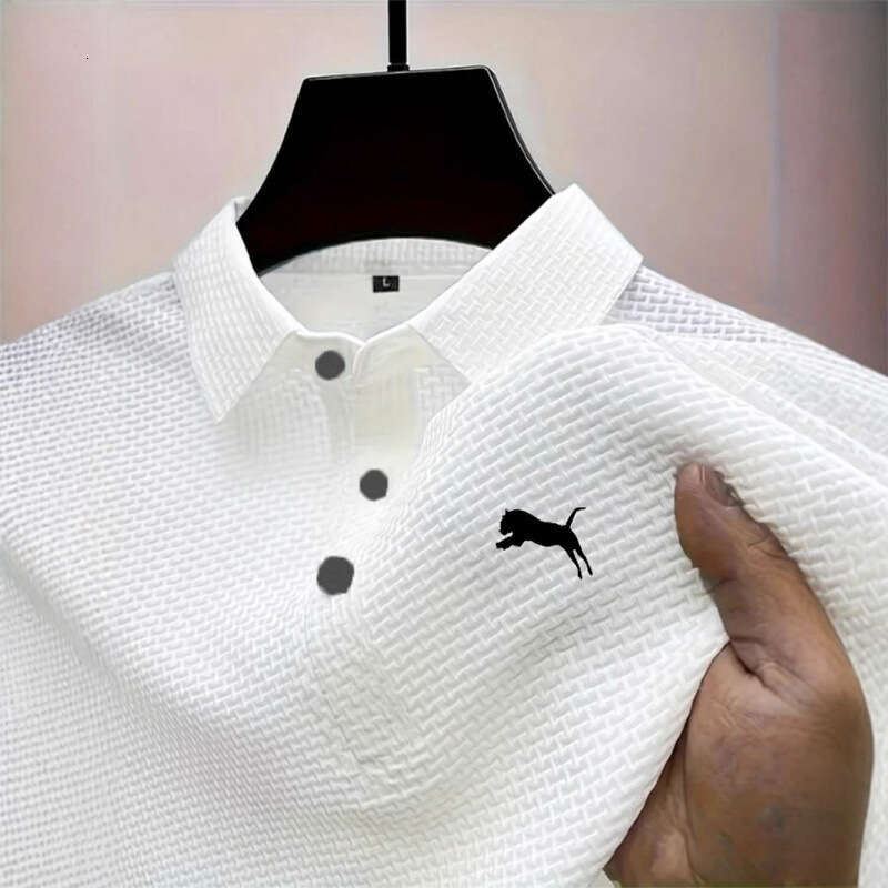 Luxury Brand Designer Clothes New With Short Sleeves, High-End Mesh Ice Silk Leopard Print Short-Sleeve T-Shirt Men, Shirt Collar, Solid Color For Sum