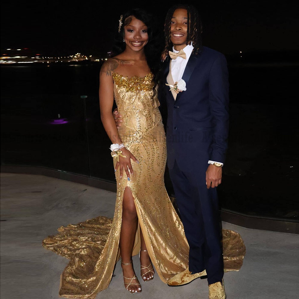 Luxury Gold Prom Dresses With Veil 2026 Sequin Beading Black Girls Evening Dress Sleeveless Birthday Party Gowns