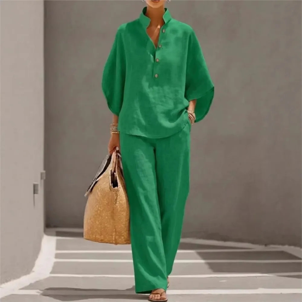 Fashiona Cotton Linen Loose 9-quarter Sleeve Womens Trousers 2-piece Set Spring Casual Pocket Retro Female Office Trousers Suit 260429 - view 4