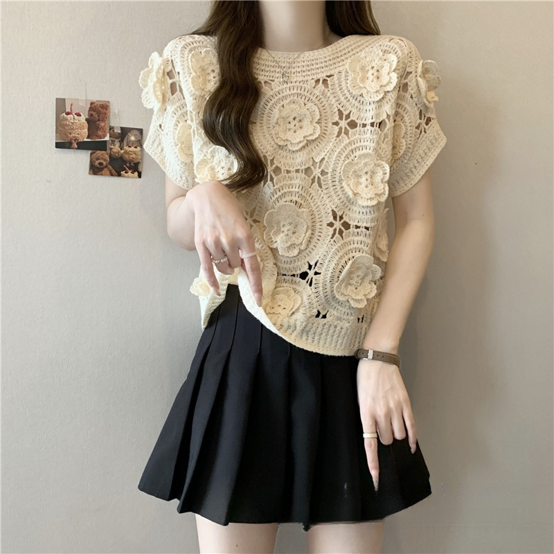 Women's Floral Cutout Knit Top Designer Slim Fit 2026 Summer New Crew Neck Short Sleeve Casual Streetwear For Daily Weekend And Outdoor Activitie