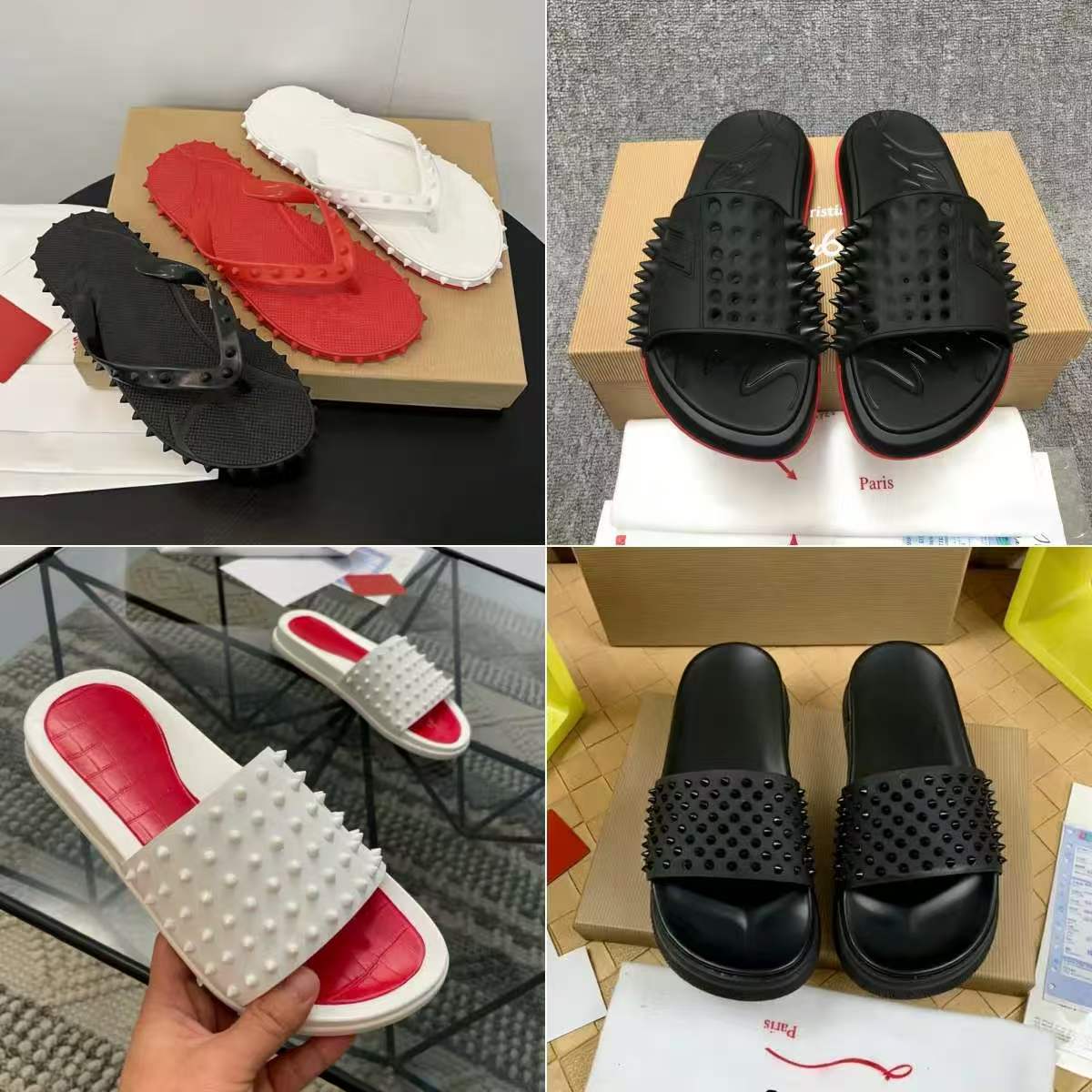 Red Sandals Designer Women Flip Flops Men Leather Slippers Fashion Luxury Letter Bottom Flat Beach Rivets Shoes Summer 36-46