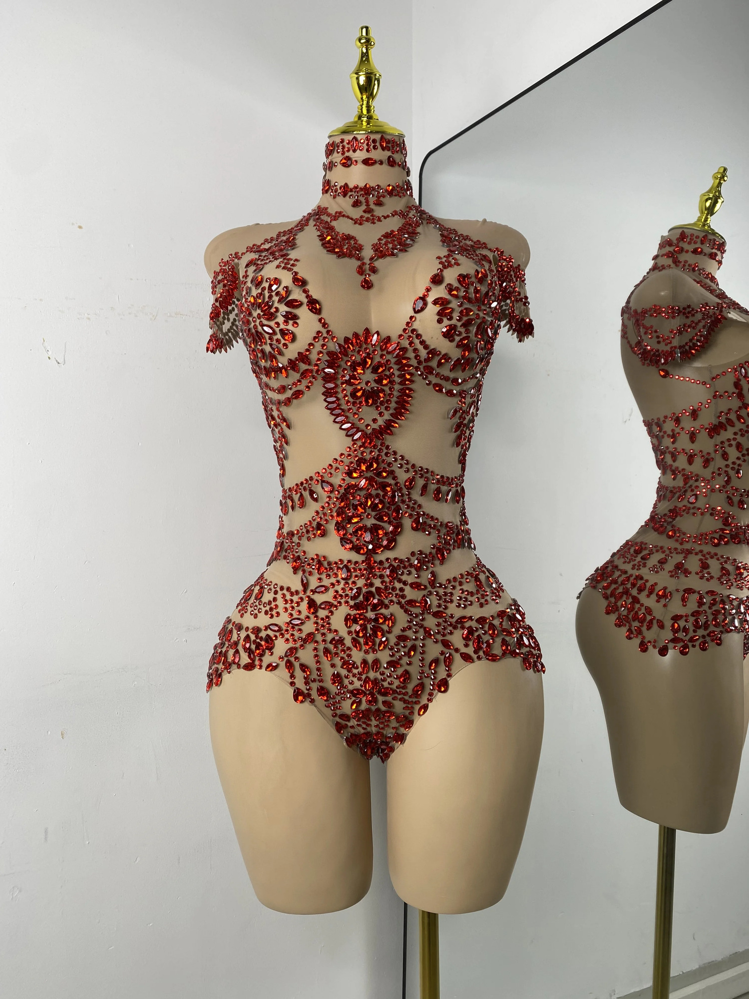 Rhinestone Embellished Transparent Mesh Bodysuit, Skinny Fit Acetate Tatting Dance Costume, Sparkly Casual Rhinestone Jumpsuit - view 7