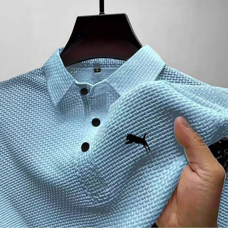 Luxury Brand Designer Clothes New With Short Sleeves, High-End Mesh Ice Silk Leopard Print Short-Sleeve T-Shirt Men, Shirt Collar, Solid Color For Sum