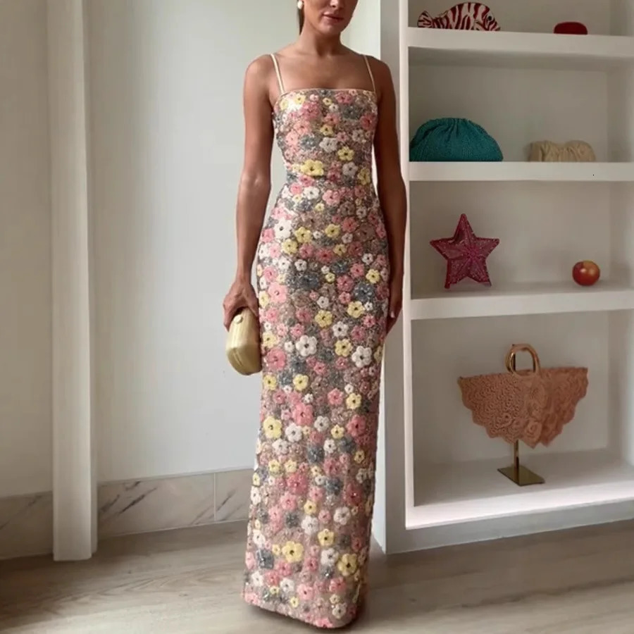 Flower Sequin Spaghetti Strap Dresses Women Summer Fashion Sexy Package Hip Slim Party Banquet Long Dress Female Evening Vestido 260430