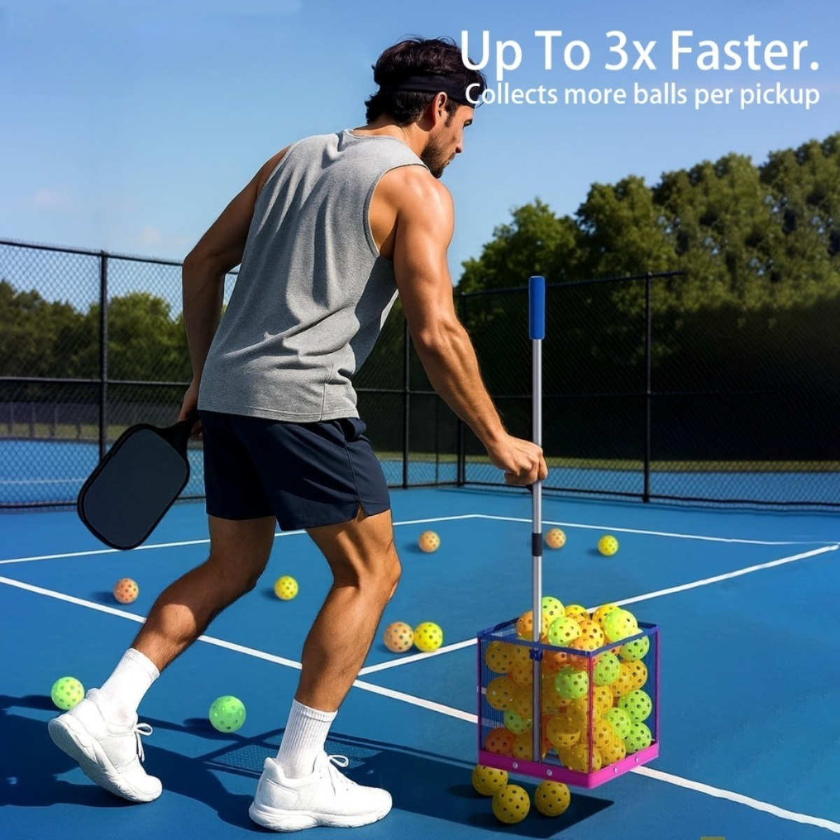 Foldable Pickleball Ball Picker Upper with Telescopic Stainless Steel Handle Lightweight Multi Ball Collector