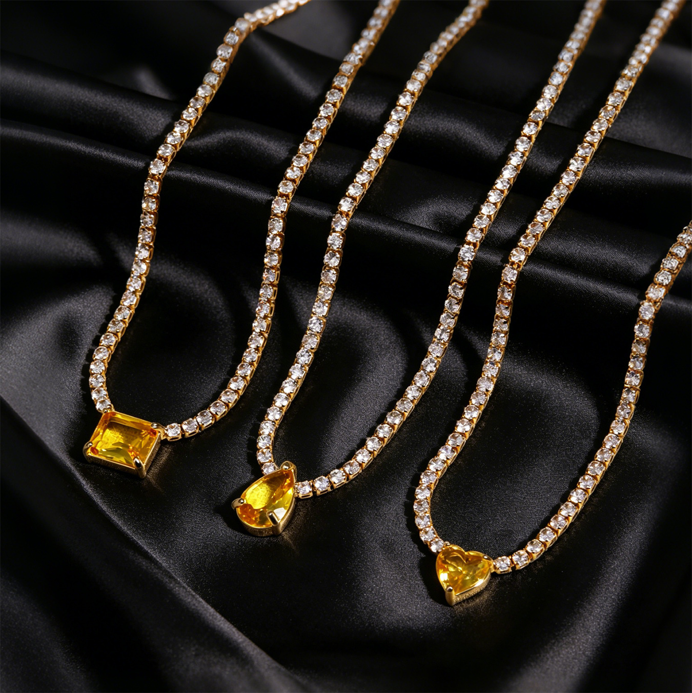Vintage 18K Gold Pink Love Heart Diamond Pendant Necklace Fashion Water Drop Heart Tennis Chain Necklace Bling Full Crystal Choker Jewelry Accessory F