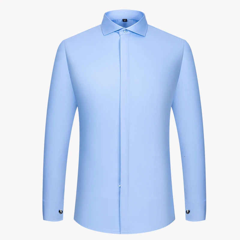 Mens French cufflink shirt with long sleeves slim fit concealed buttons solid color high end wedding dress formal mens 260429BJ - view 6