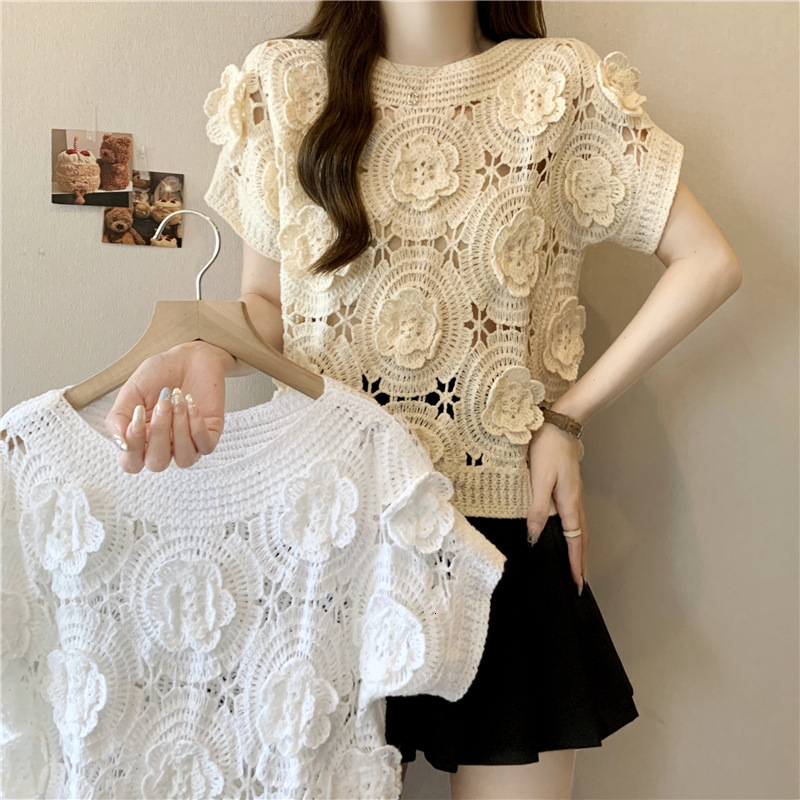 Women's Floral Cutout Knit Top Designer Slim Fit 2026 Summer New Crew Neck Short Sleeve Casual Streetwear For Daily Weekend And Outdoor Activitie