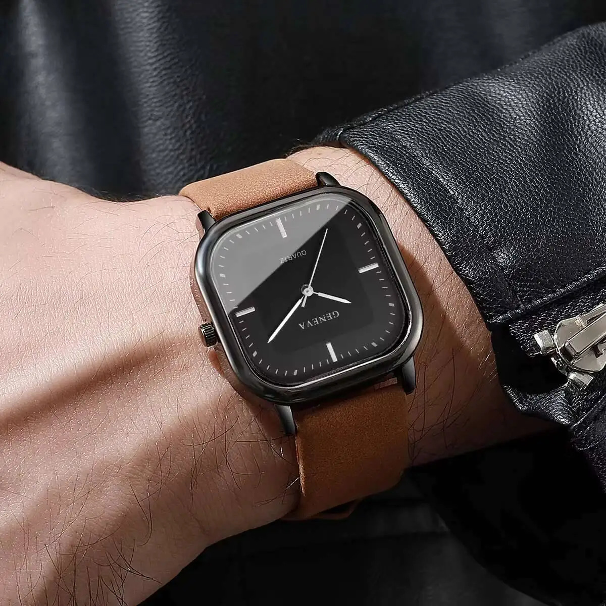 Fashion Square Men's Quartz Watch Japan Korean Style, Black Leather Strap, Numberless Dial, Repeater Feature, 10mm Case Diameter - view 5