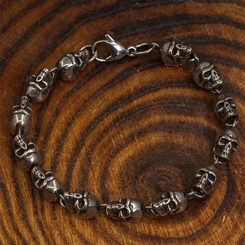 Vintage Metal Full Skull Bracelet, Men's Gothic Biker Jewelry, Motorcycle Skull Chain Accessory - view 5