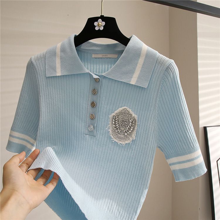 Women's Vintage Retro Collar Knit Top Designer Slim Fit 2026 New Short Sleeve Casual Top For Daily Street Weekend And Outdoor Activities