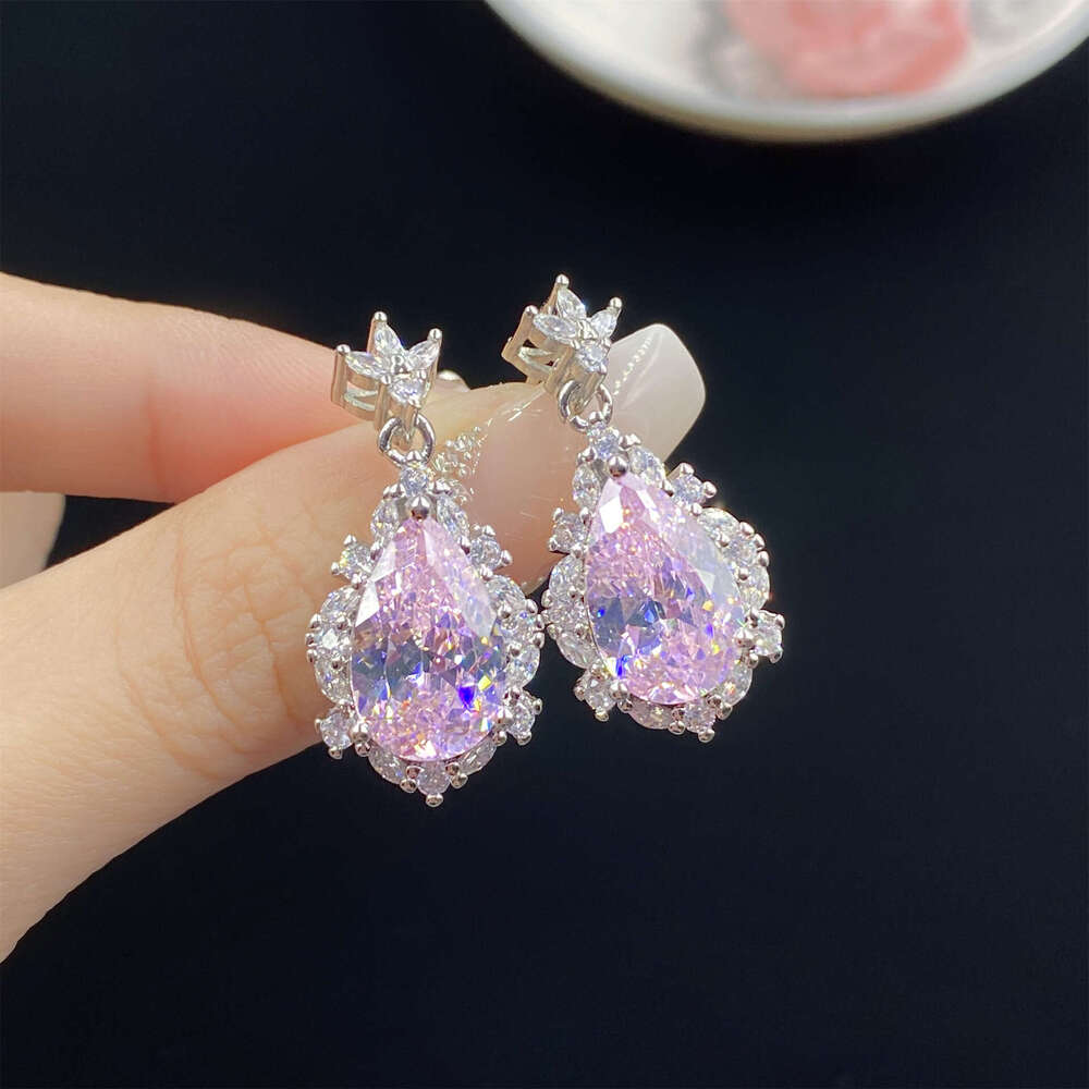 Starry Sky Cut Light Pink Zircon Comparable to Ice Flower Water Drop Shape Open Ring for Women Elegant Pendant Earring Set - view 6