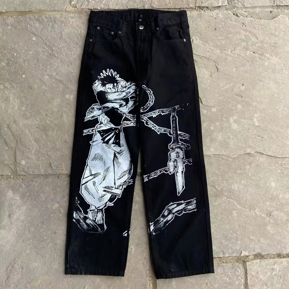 American street graffiti cartoon printed jeans mens casual fashion straight leg pants trendy 241213