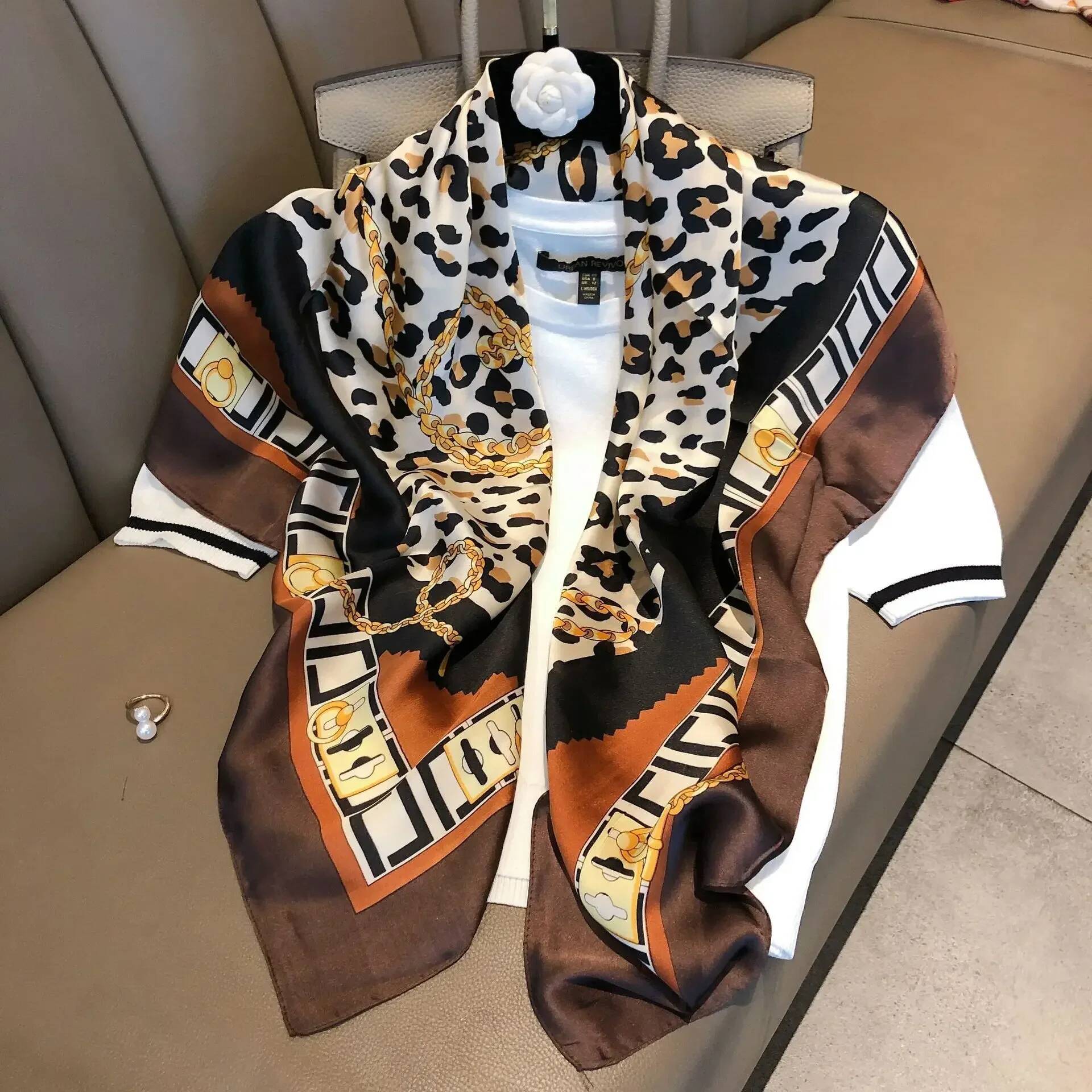 Light luxury 90 Silk scarf imitatingly printed with black and white stripes large square shawl New Year gift - view 3