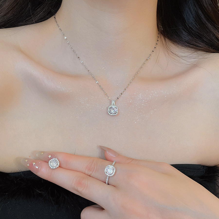 Super Shiny Zircon Square Pendant Earrings Ring Necklace Set 2026 New Model Light Luxury High-End Gorgeous Jewelry - view 4