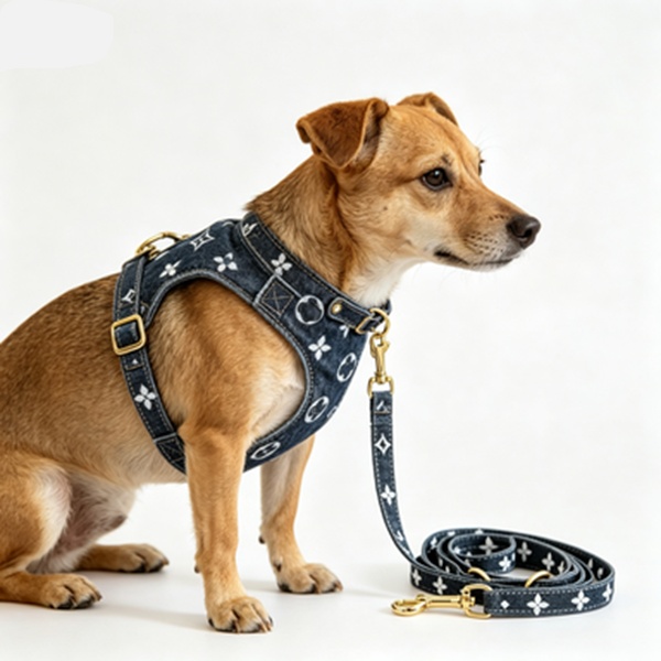 Pomeranian Corgi Designer Dog Cat French Bulldog Leash Trendy Brand Leather Chest Harness Set