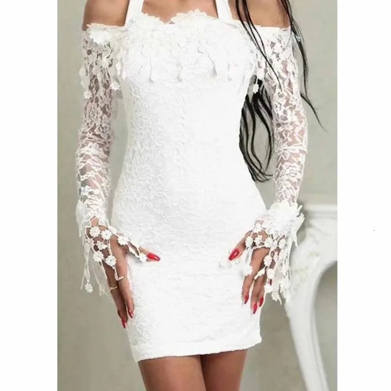 Women White Bodycon Prom Dresses Sexy Lace Off Shoulder Elegant Evening Party Dress Womens Flare Sleeve Chiffon Mini Dress 260429