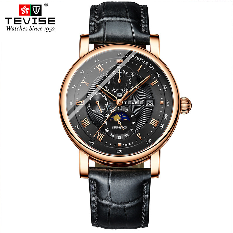 TEVISE Business Waterproof Mens Mechanical Watches Top Leather Watch For Men Moon Phase Automatic Wristwatch 240808CJ