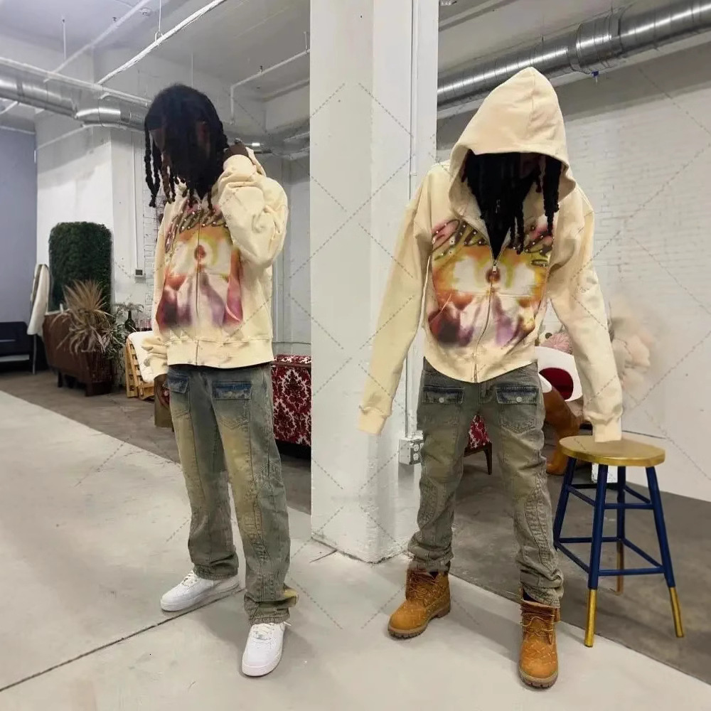 Designer Hoodies Sweatshirts for Men Women Y2K Graffiti Rhinestone Print Zip Up Hoodie Harajuku Streetwear Retro Sportswear Casual Top Jackets