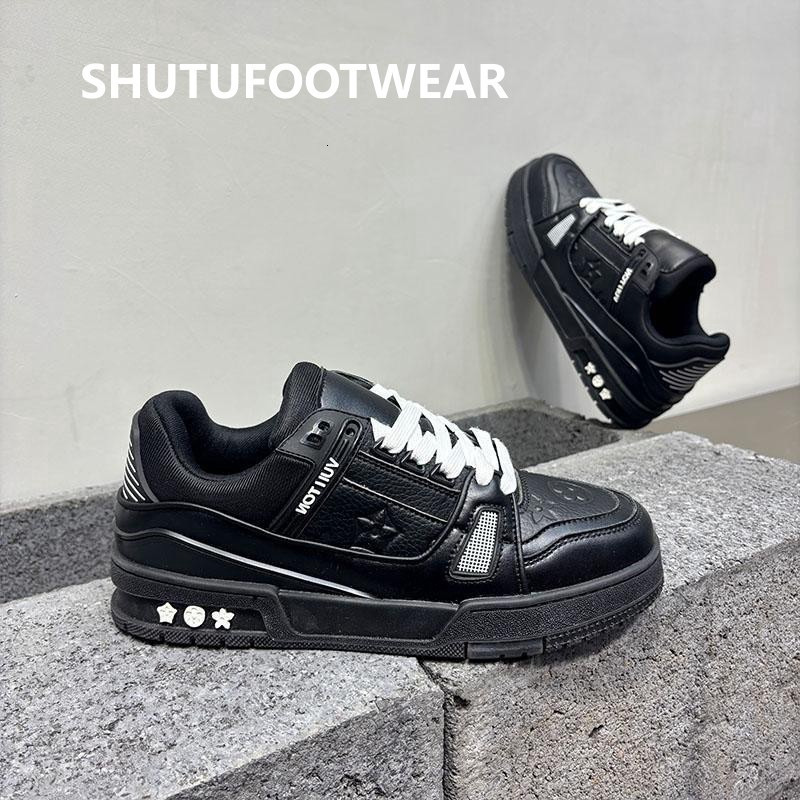 Mens Fashion Denim And Leather Skate Shoes Breathable Low Top Casual Footwear