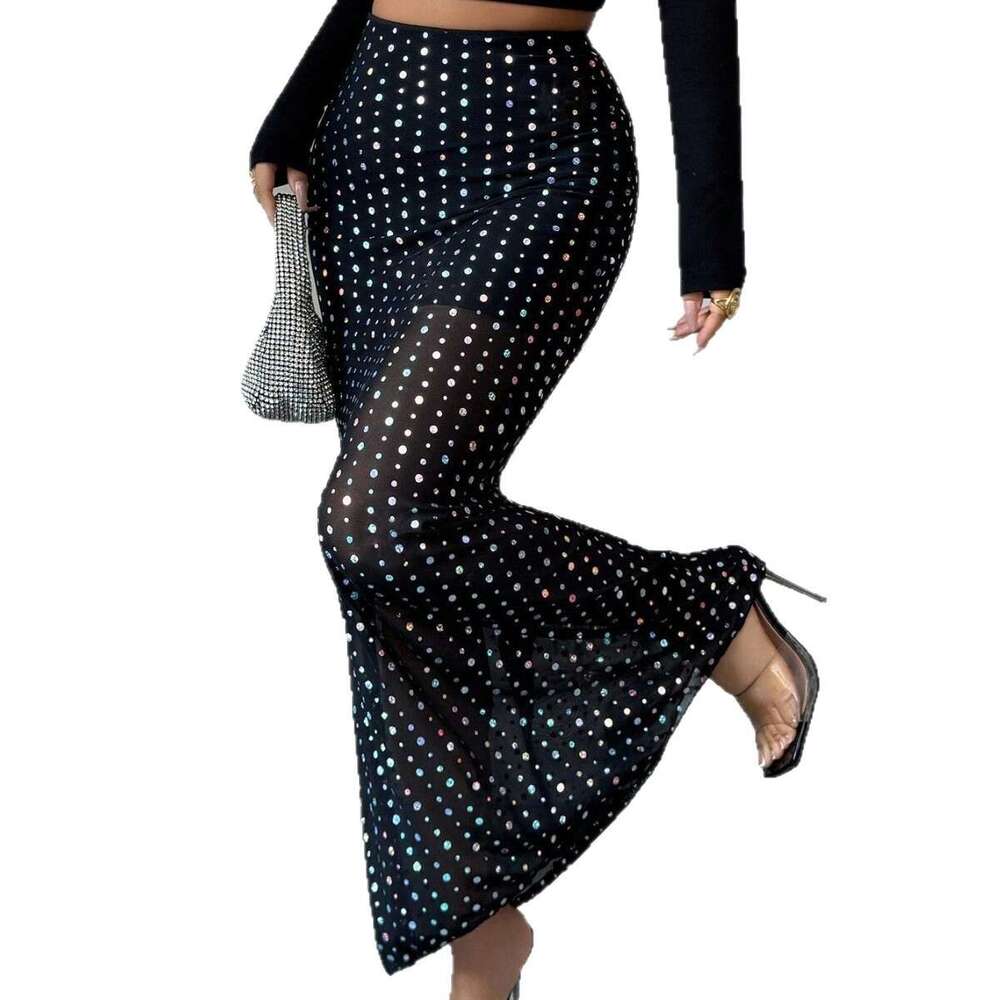Designer 2026 European American 2026 New Luxury Model Sequined Double-layer Mesh High-waisted Slim-fit Bodycon Skirt For Vacation And Dating Free Ship