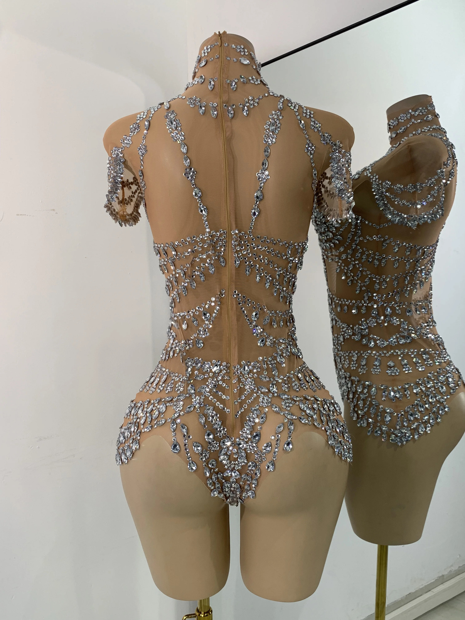 Rhinestone Embellished Transparent Mesh Bodysuit, Skinny Fit Acetate Tatting Dance Costume, Sparkly Casual Rhinestone Jumpsuit - view 6