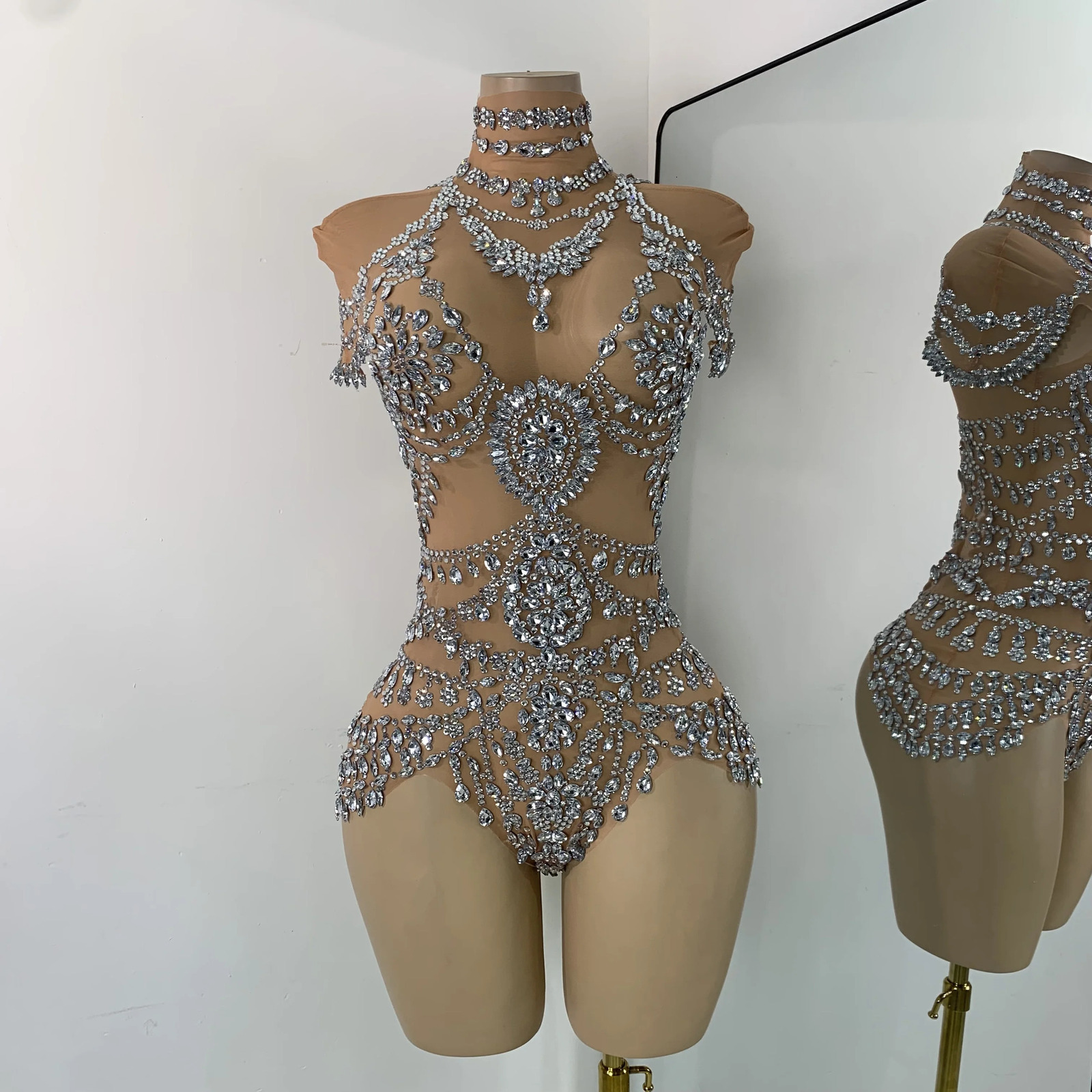 Rhinestone Embellished Transparent Mesh Bodysuit, Skinny Fit Acetate Tatting Dance Costume, Sparkly Casual Rhinestone Jumpsuit