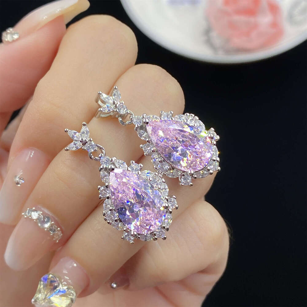 Starry Sky Cut Light Pink Zircon Comparable to Ice Flower Water Drop Shape Open Ring for Women Elegant Pendant Earring Set - view 9