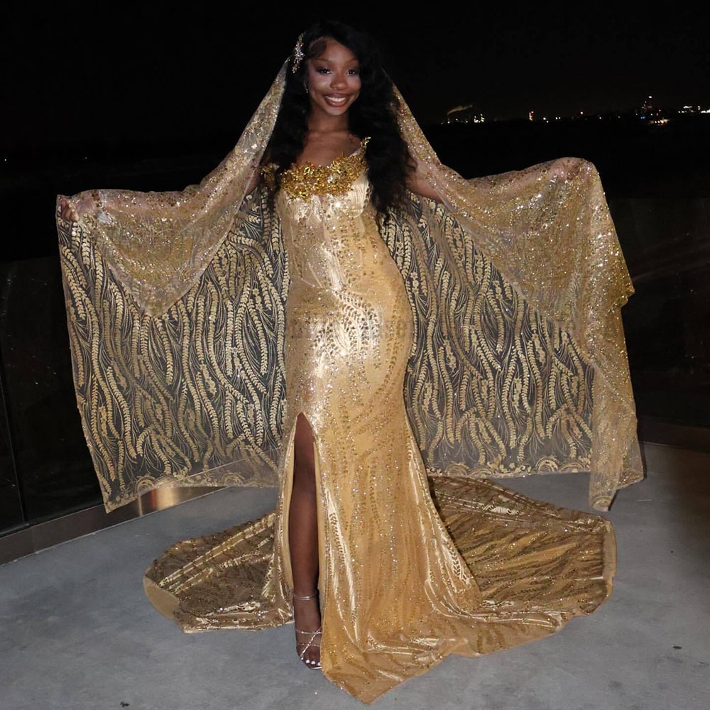 Luxury Gold Prom Dresses With Veil 2026 Sequin Beading Black Girls Evening Dress Sleeveless Birthday Party Gowns