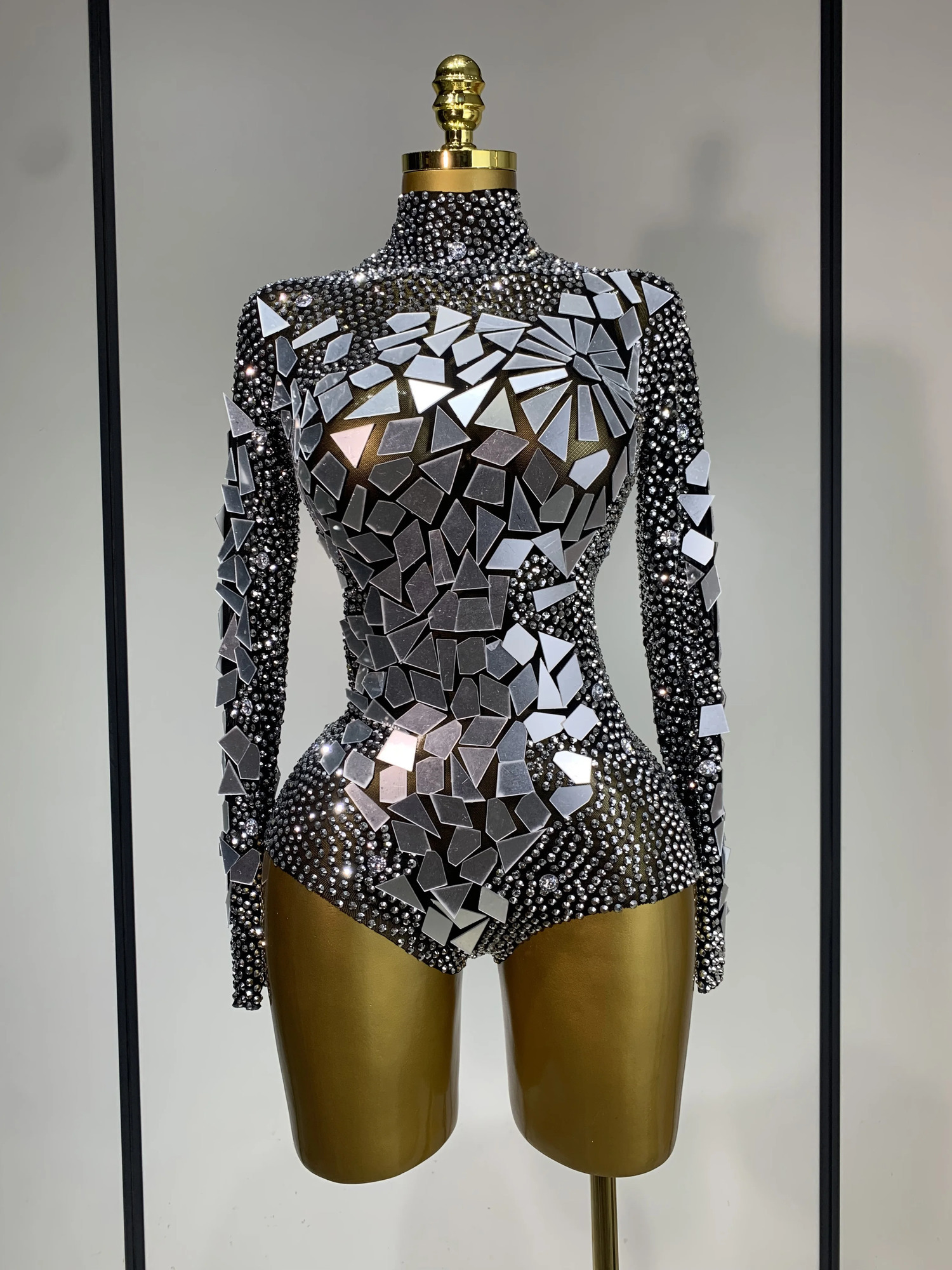 Rhinestones Mirrors Sexy Sheath Bodysuit Women Nightclub DJ Performance Costume Evening Party Celebrate Stage Wear 260429