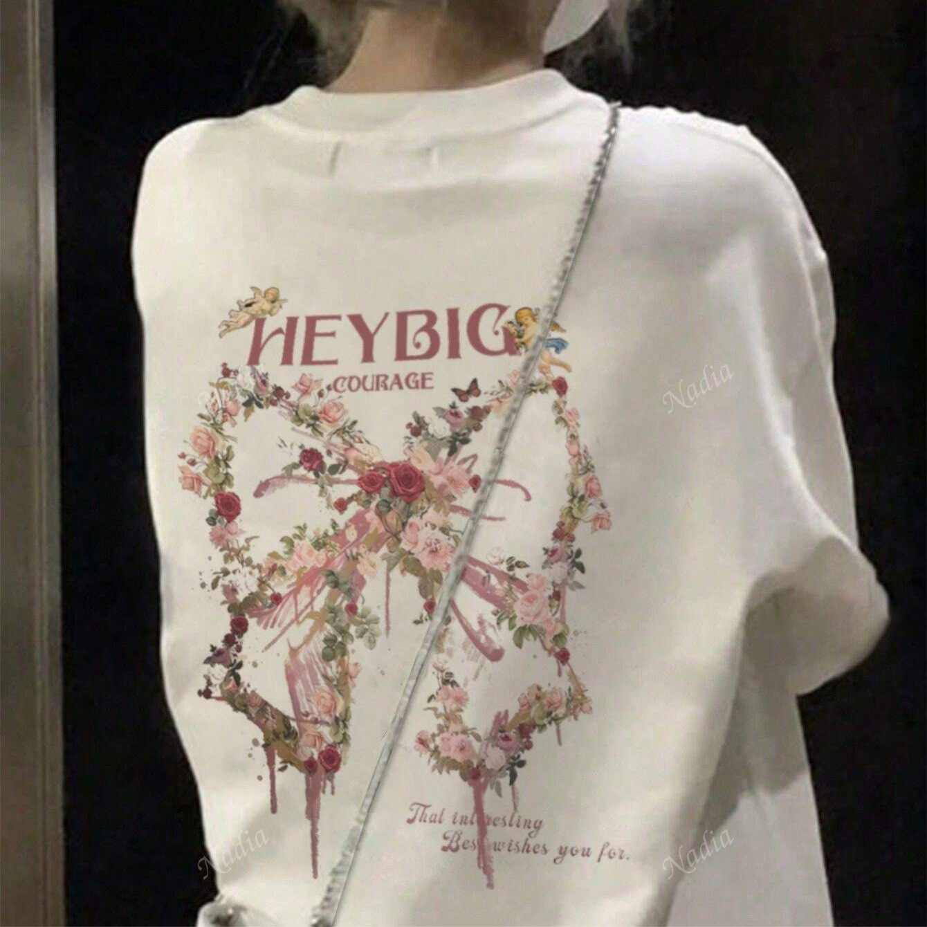 Designer Floral Butterfly Print T Shirt For Women Oversized Back Graphic Tee Loose Fit Short Sleeve Casual Streetwear Cotton Blend Daily Wear Top