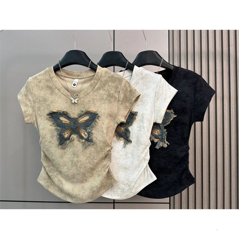 Designer Vintage Washed Butterfly T Shirt For Women Short Sleeve V Neck Ruched Applique Top Slim Fit Casual Streetwear Tee Y2K Style Daily Wear