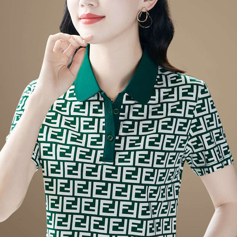 Luxury Brand Designer Clothes Stylish Mom's Turn-Down Collar Short-Sleeve T-Shirt, Summer New Loose Slimming Polo Shirt, Women's Printed Top