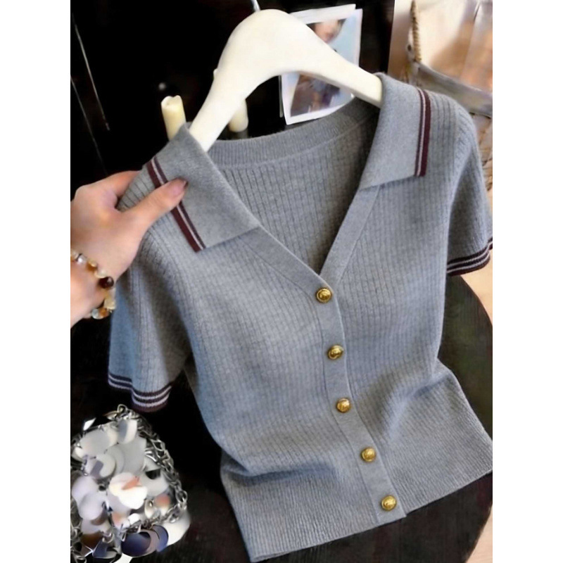 Womens Designer Knitted Polo Cardigan Short Sleeve Ribbed V Neck Top With Gold Buttons Striped Trim Preppy Style Slim Fit Casual Knitwear For Daily We