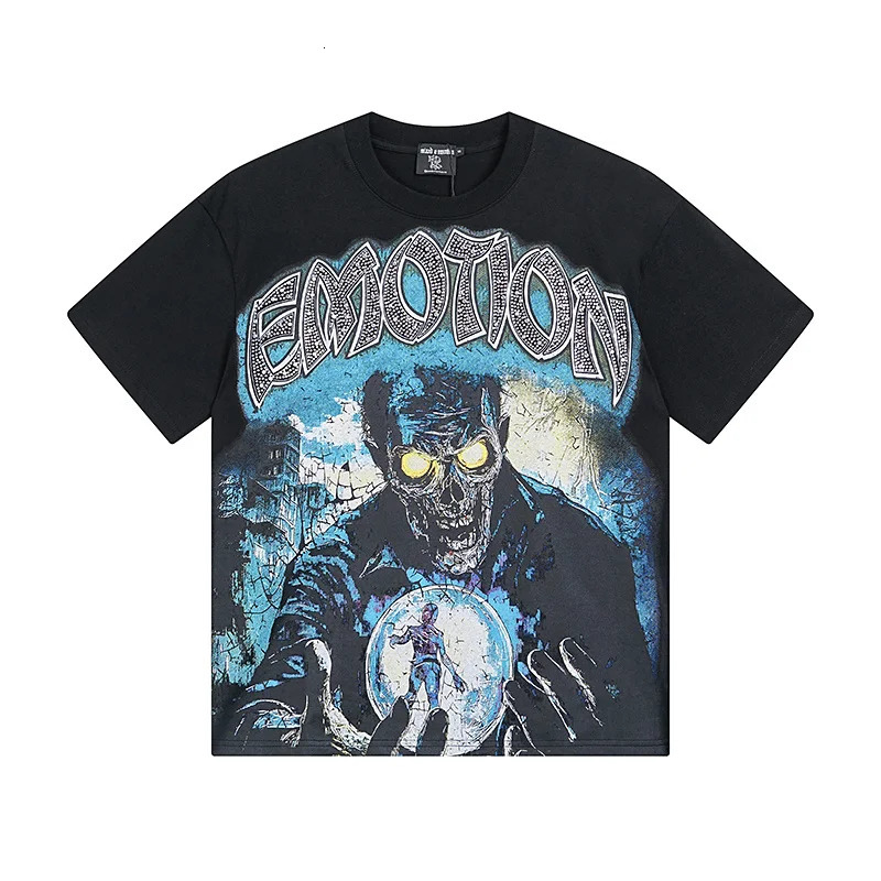 Trendy Mixed Emotion American Retro Rhinestone Printed Rock Hip Hop Loose Unisex Pure Cotton Short Sleeve T-Shirt Streetwear 260430 - view 4