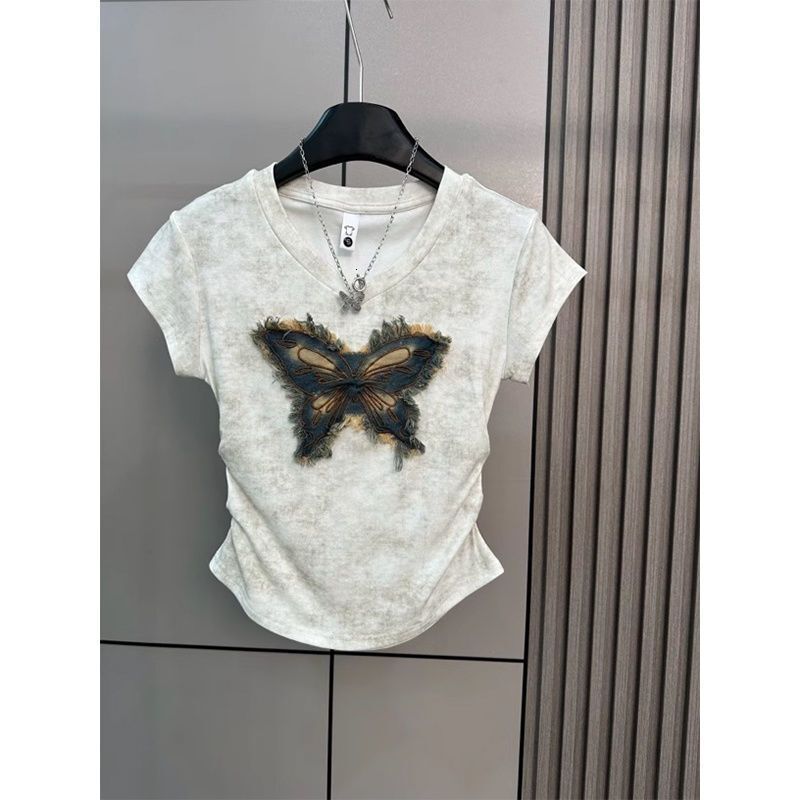Designer Vintage Washed Butterfly T Shirt For Women Short Sleeve V Neck Ruched Applique Top Slim Fit Casual Streetwear Tee Y2K Style Daily Wear