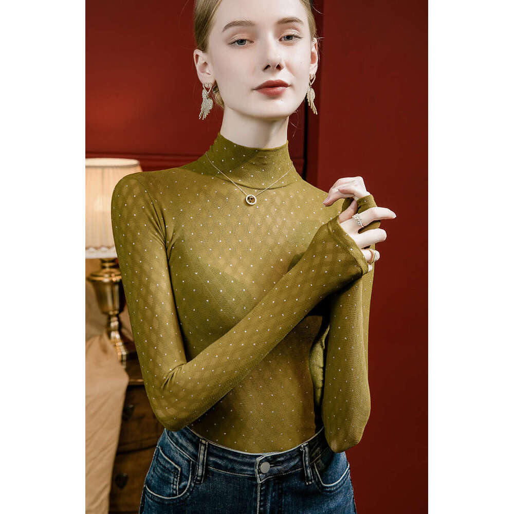 Designer 2026 Half-high Collar Rhinestone Embroidered Lace Base Shirt For Women Slim Fit Luxury Autumn New Plaid Stylish Inner Top Free Shipping