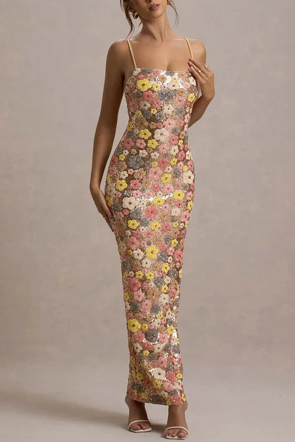 Flower Sequin Spaghetti Strap Dresses Women Summer Fashion Sexy Package Hip Slim Party Banquet Long Dress Female Evening Vestido 260430