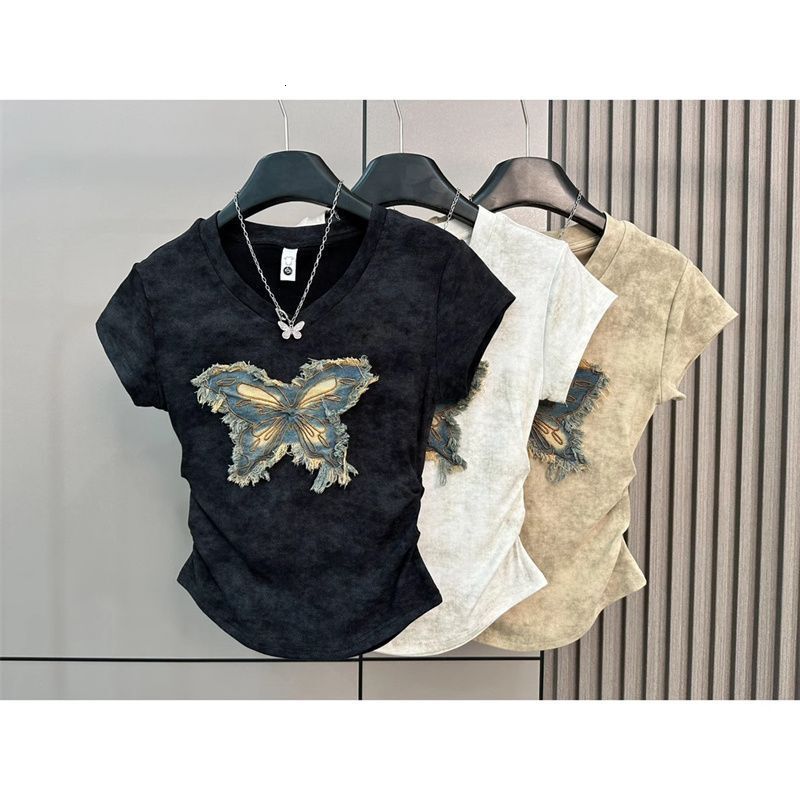 Designer Vintage Washed Butterfly T Shirt For Women Short Sleeve V Neck Ruched Applique Top Slim Fit Casual Streetwear Tee Y2K Style Daily Wear