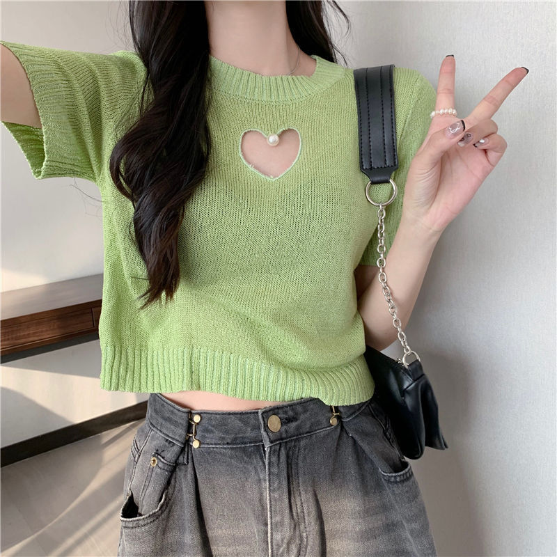 Sweetheart Cutout Crew Neck Knit Top Designer Slim Fit 2026 Summer New Women's Short Sleeve Casual Top For Daily Street And Weekend Activities