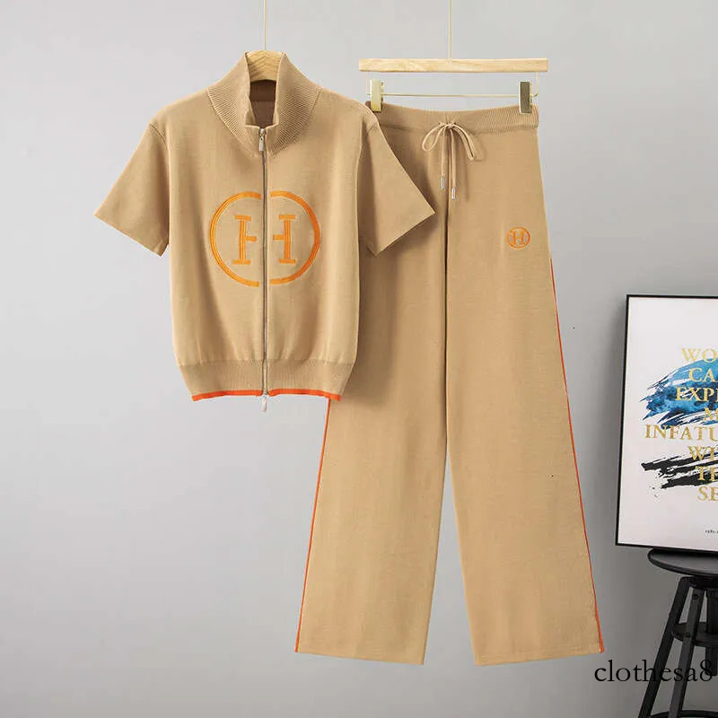 Cross-Border 2026 Summer New Women's Sports Knit Set: Loose Slimming Stand Collar Top And High-Waisted Wide-Leg Pants Two-Piece Set