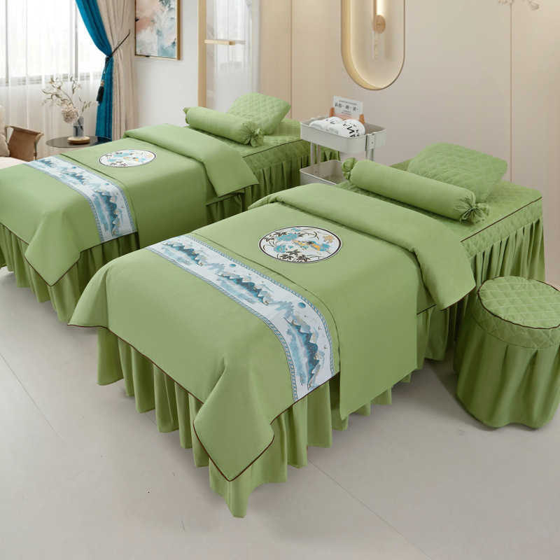 Anti-slip 4pcs Beauty Salon Bedding Sets Massage Tuina Spa Use Patchwork Duvet Cover Bed Skirt with Hole Beddings Y240730