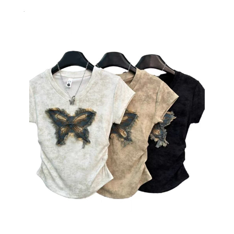Designer Vintage Washed Butterfly T Shirt For Women Short Sleeve V Neck Ruched Applique Top Slim Fit Casual Streetwear Tee Y2K Style Daily Wear