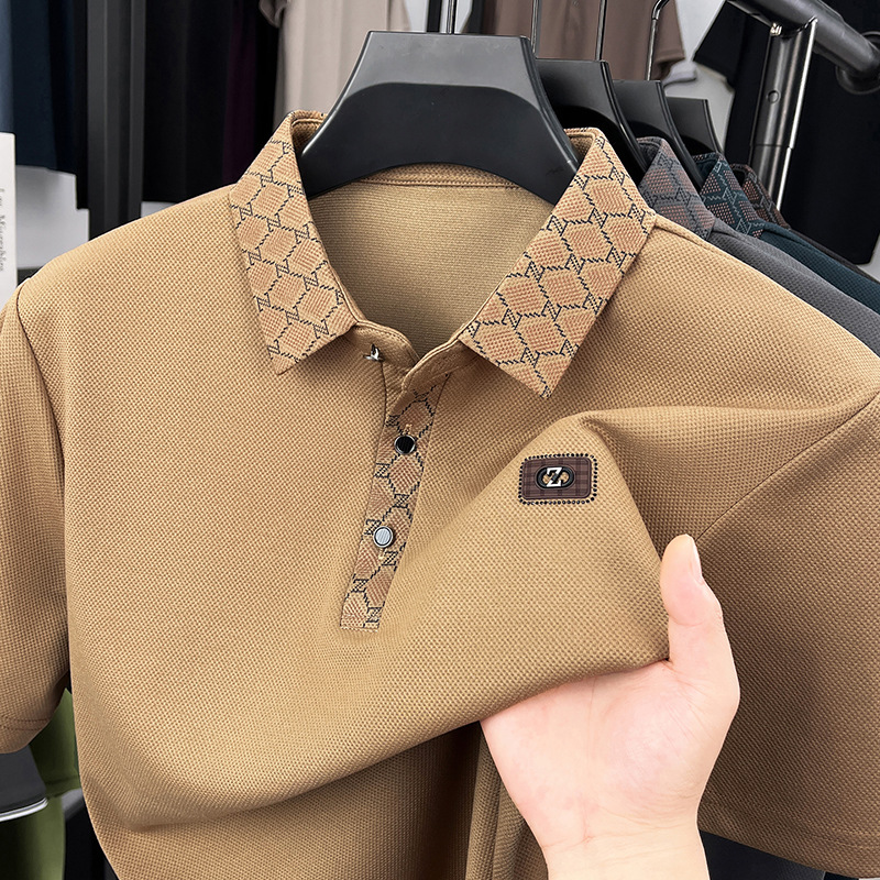 Men's Polo blocked Long Sleeved Shirt Fashion Lapel T-shirt Top Business Mens Wear Personality - view 3
