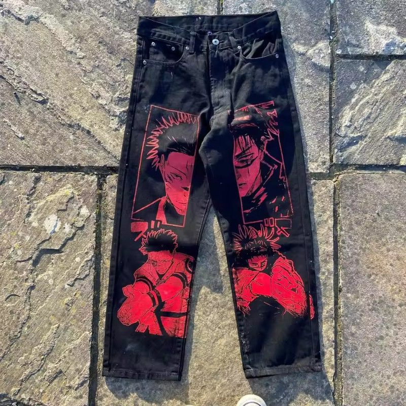 American street graffiti cartoon printed jeans mens casual fashion straight leg pants trendy 241213