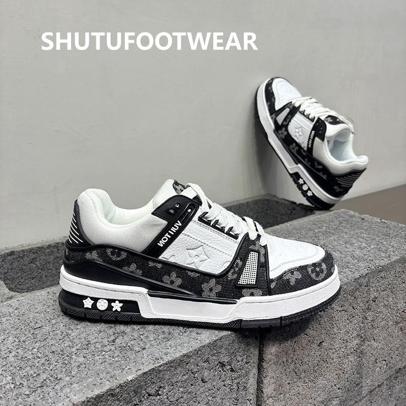 Mens Fashion Denim And Leather Skate Shoes Breathable Low Top Casual Footwear