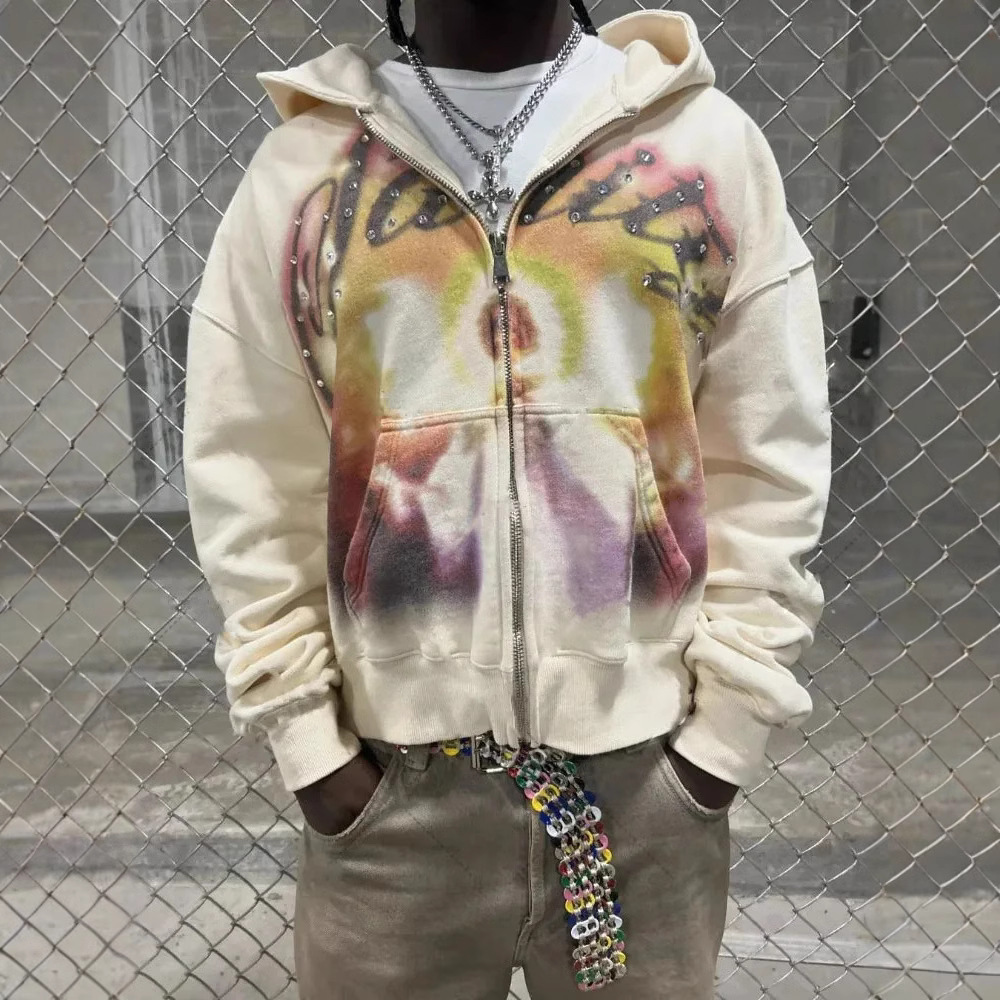 Designer Hoodies Sweatshirts for Men Women Y2K Graffiti Rhinestone Print Zip Up Hoodie Harajuku Streetwear Retro Sportswear Casual Top Jackets