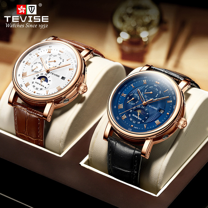 TEVISE Business Waterproof Mens Mechanical Watches Top Leather Watch For Men Moon Phase Automatic Wristwatch 240808CJ
