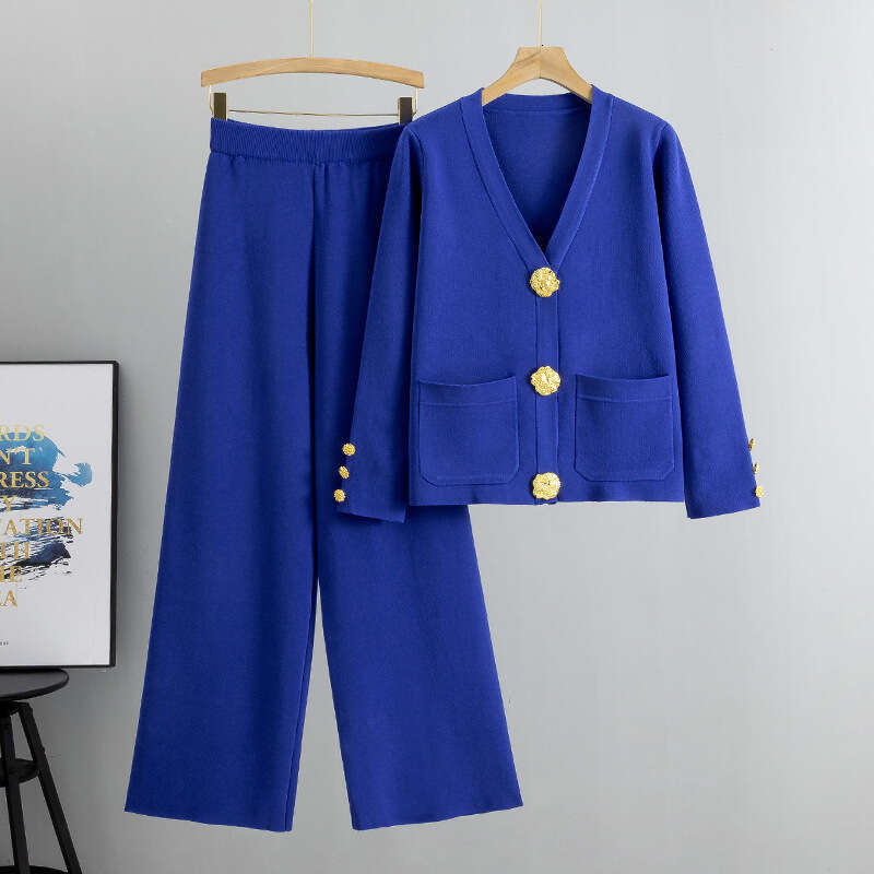 Casual And Fashionable Two Piece Women's Autumn And Winter Versatile Metal Buckle Knitted Style Cardigan Sweater Wide Leg Pants Set Designer Clot - view 5