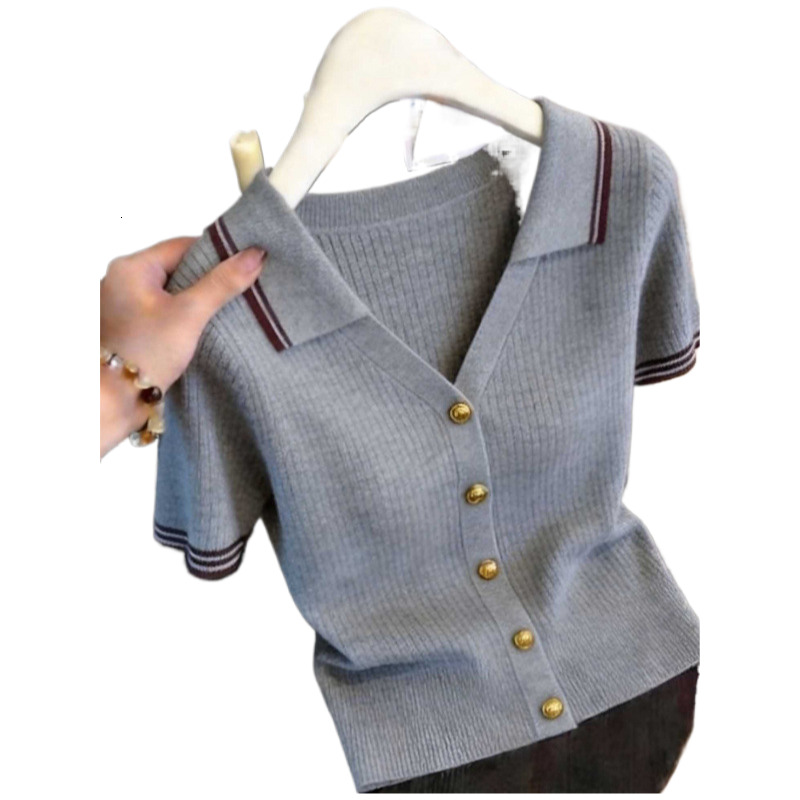 Womens Designer Knitted Polo Cardigan Short Sleeve Ribbed V Neck Top With Gold Buttons Striped Trim Preppy Style Slim Fit Casual Knitwear For Daily We